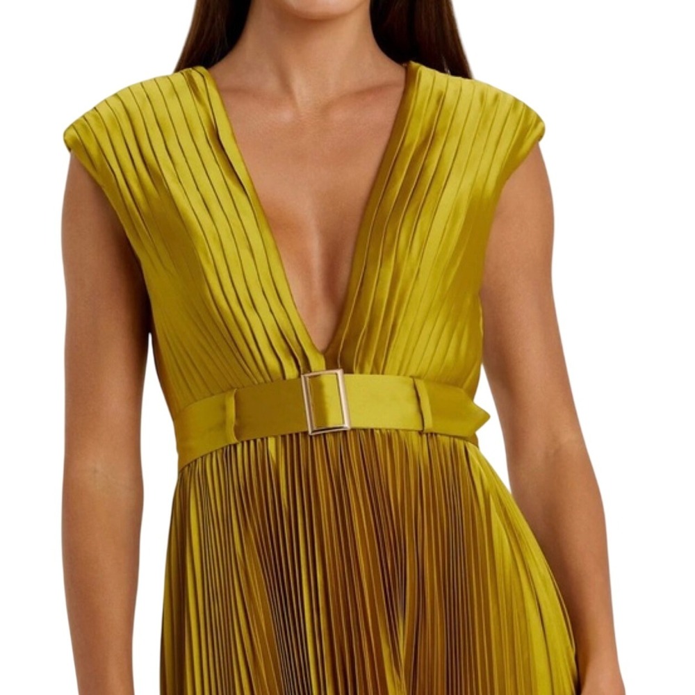 Mac Duggal Pleated‎ Satin V Neck Cap Sleeve Belted Midi Dress Citron Size 6 - Picture 2 of 14
